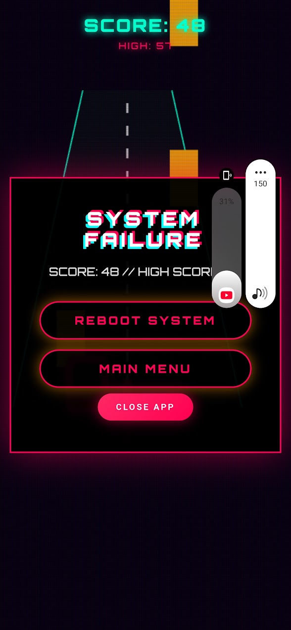 The crash screen in Midnight Dash, reading System Failure with a Reboot System button.
