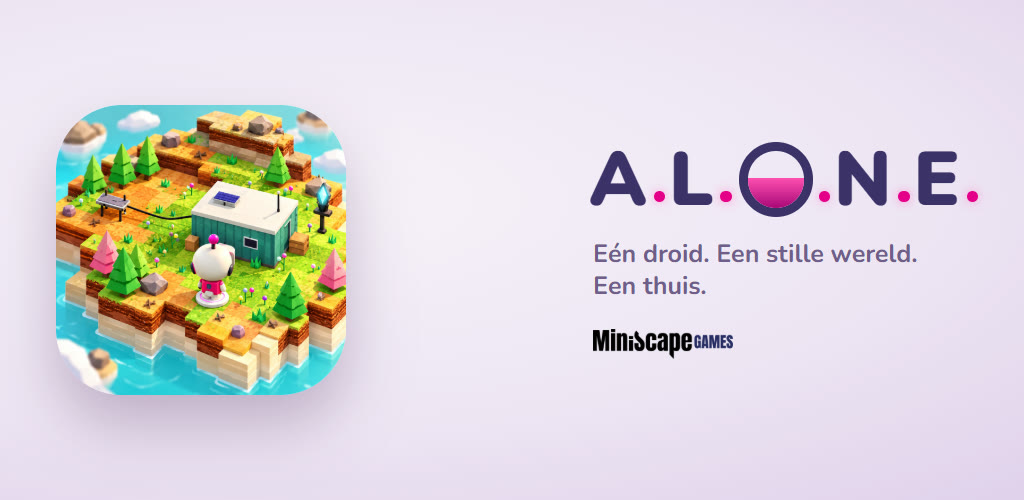 De banner van Alone uit Google Play: het app-icoon — de droid voor zijn huisje op een groen eiland — naast het woordmerk A.L.O.N.E. en de regel "Eén droid. Een stille wereld. Een thuis."