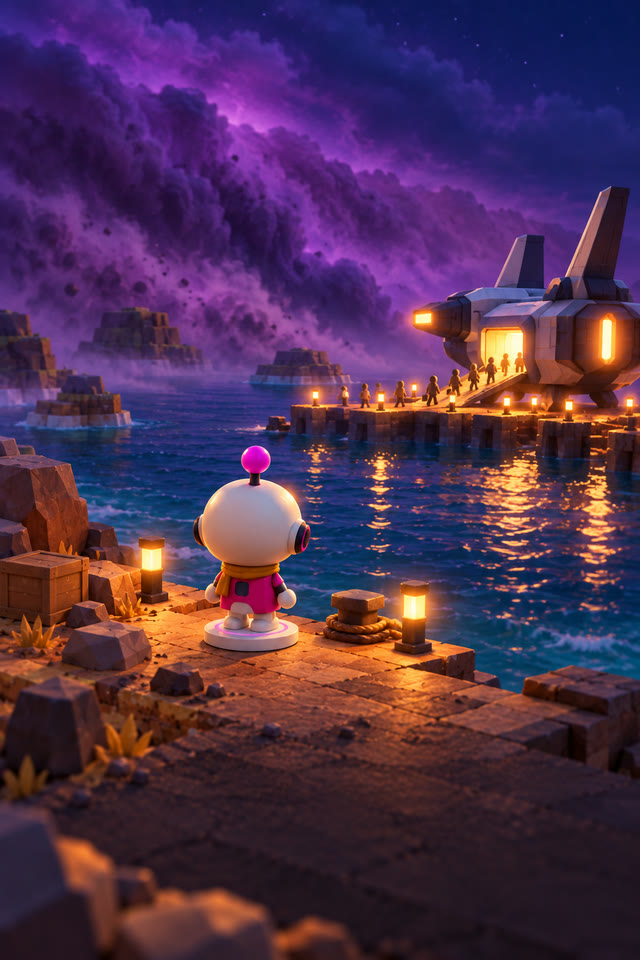 The droid on a dark quay, watching a ship's lights under a purple cloud of dust.