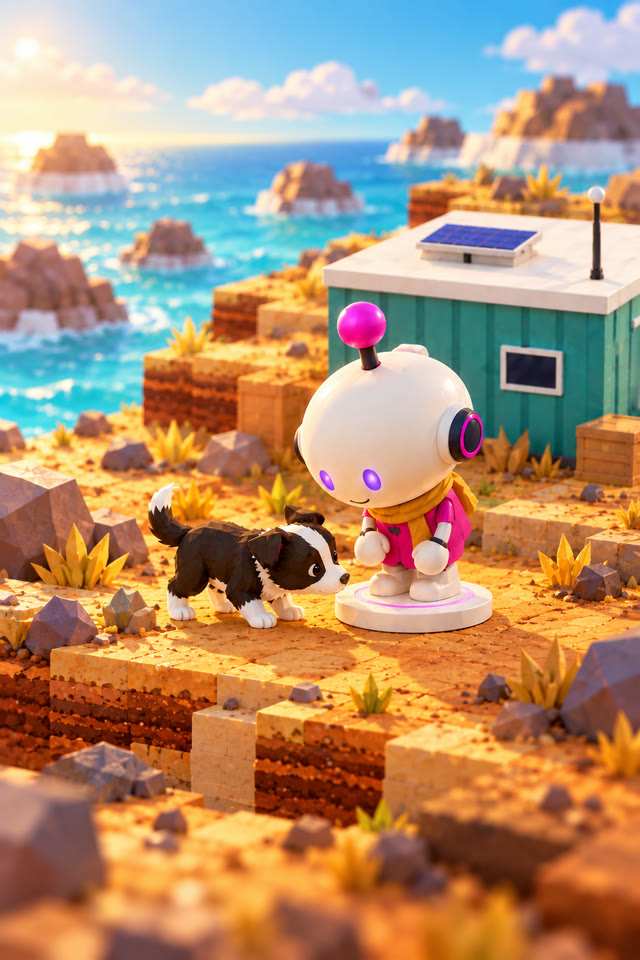 A black and white puppy coming up to the droid between the rocks.