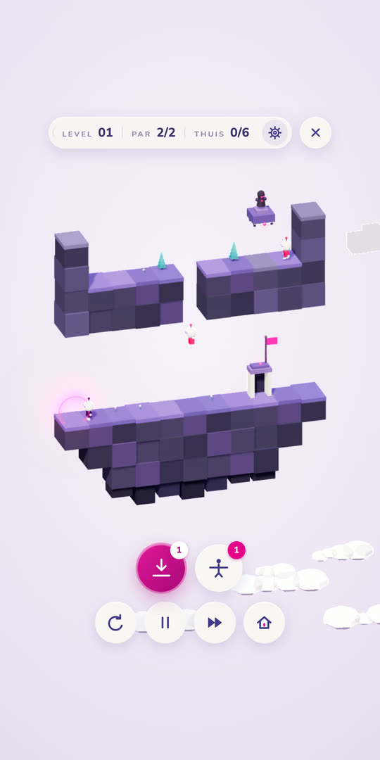 Een level in LOOP in de tuinwereld: robots die over een violette richel naar de deur lopen.