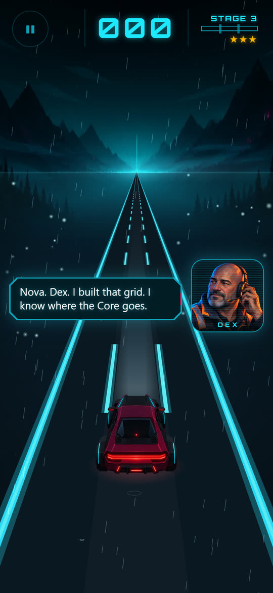 A story stage in Midnight Dash with Dex on the radio beside the road.