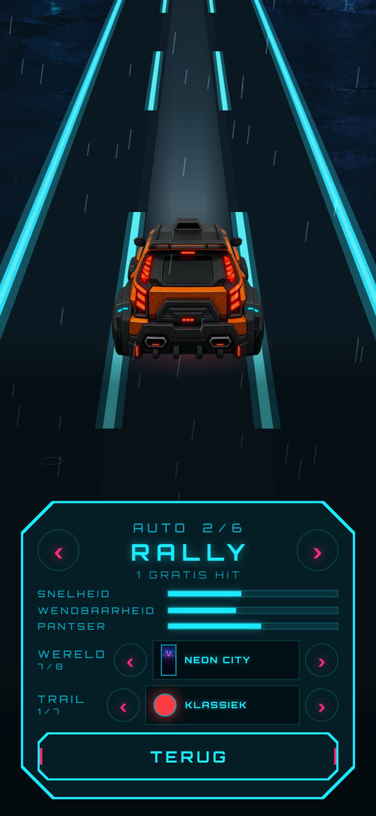 De garage van Midnight Dash: een auto met balken voor snelheid, wendbaarheid en pantser, en daaronder de keuze voor wereld en trail.