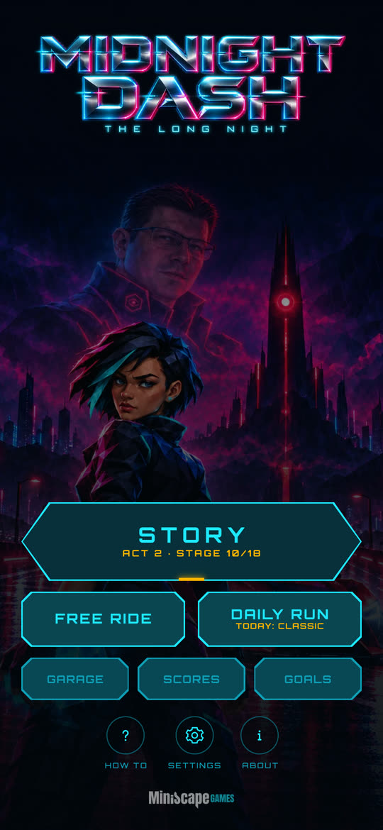 The Midnight Dash main menu, with Free Ride, Story, Daily Run and the Garage.