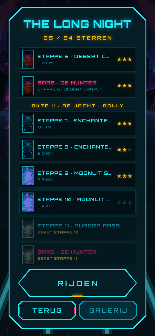 De storykaart van Midnight Dash: de aktes van The Long Night met hun etappes en de sterren die je per etappe haalde.