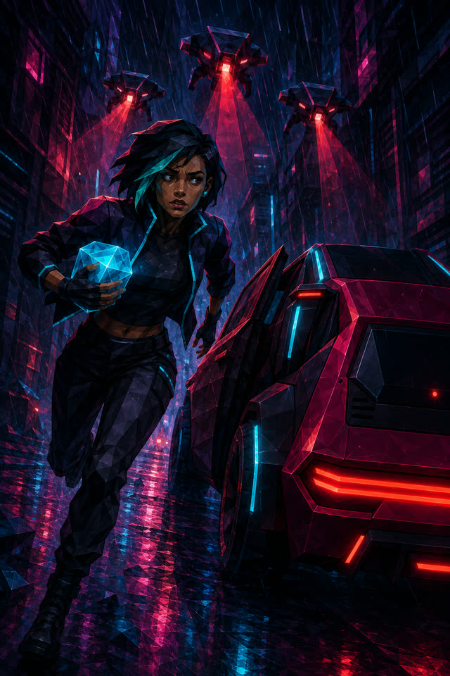 Nova running down a wet neon alley towards the red Midnight, with drones overhead.