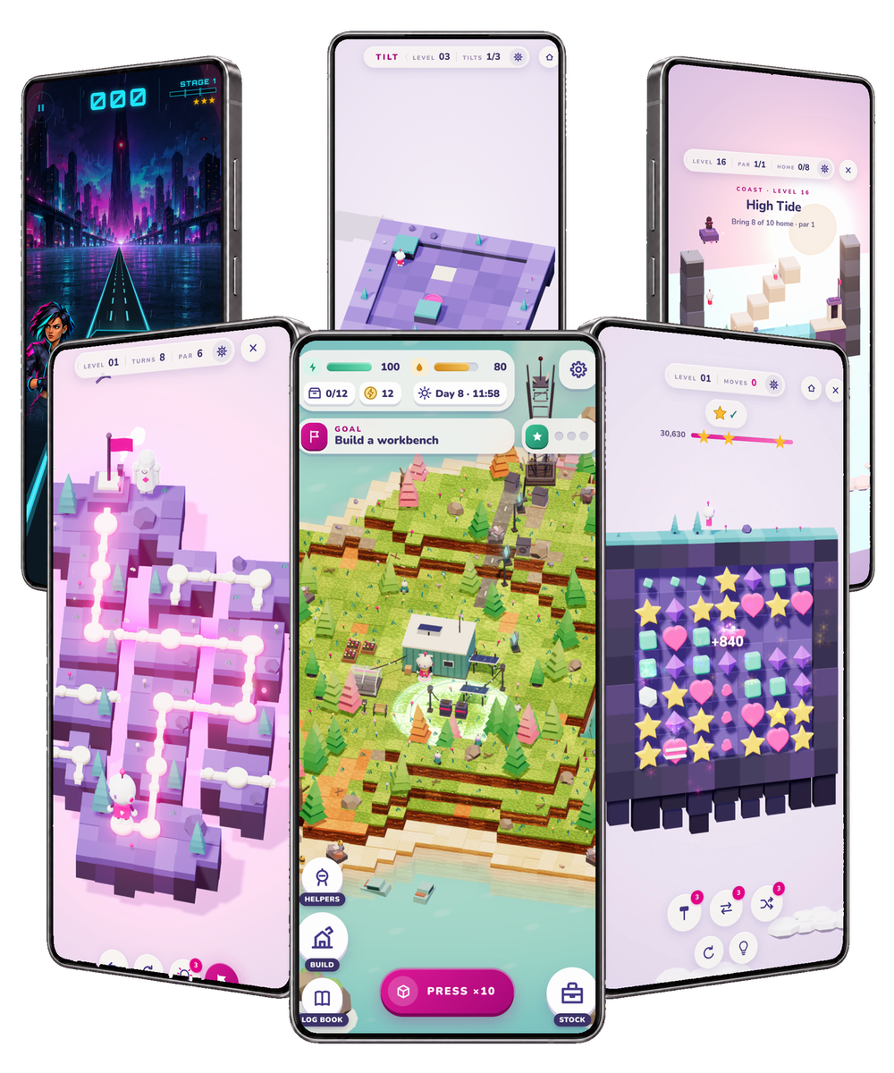 Six Android phones in a fan, one game on each: Midnight Dash, Shift, SWAP, Alone, Tilt and LOOP.