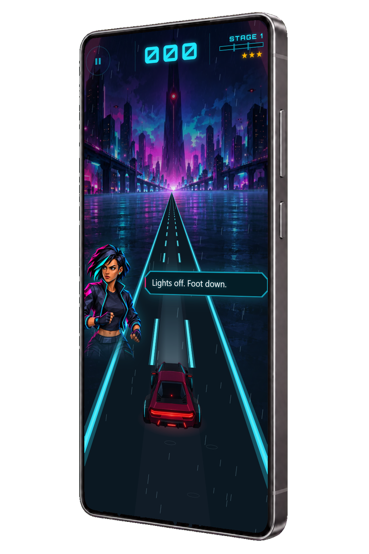 An Android phone showing the first story stage of Midnight Dash: Nova beside the road in Neon City, saying "Lights off. Foot down."