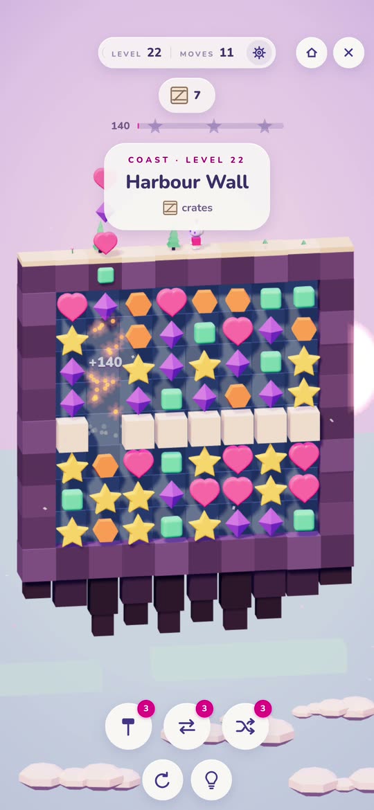 Harbour Wall, a SWAP level on the coast: a row of crates across the middle of the board, with the goal on the level card.