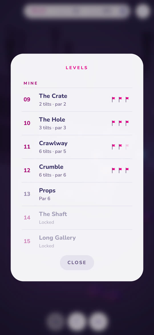 The level list in Tilt, open at the mine: finished levels with their flags and the next one waiting.